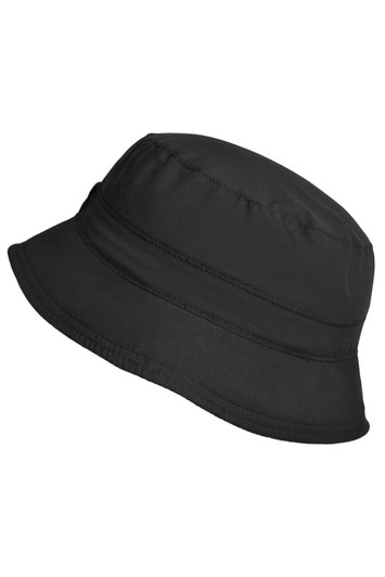 A black bucket hat made from lightweight fabric, featuring a stitched band and a logo.